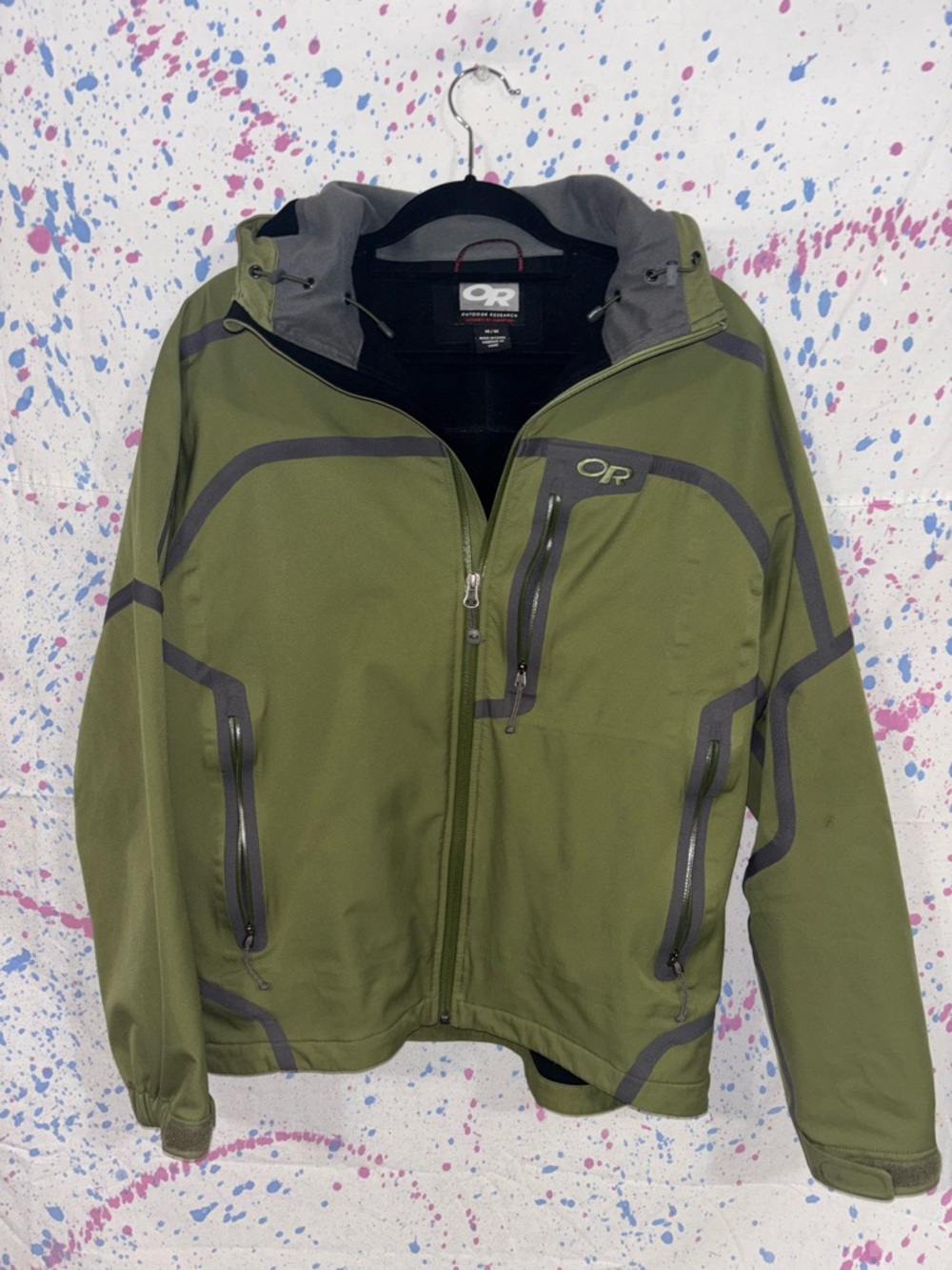 Outdoor Research Olive Green Hooded Softshell with Gray Accents